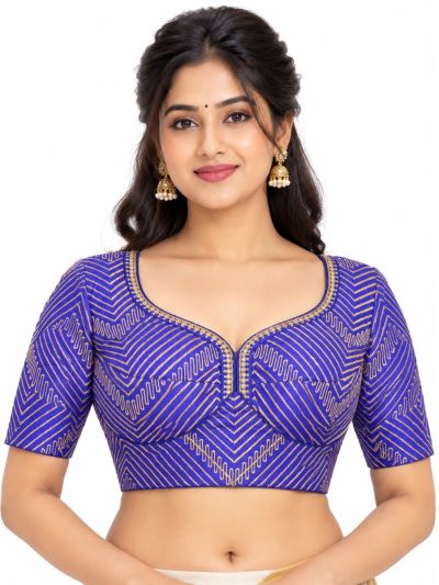 Graceful Essence Art Silk Royal Blue Geometric Embroidered Padded Blouse