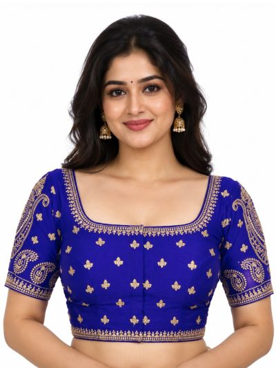 Graceful Essence Art Silk Royal Blue Paisley Embroidered Padded Blouse
