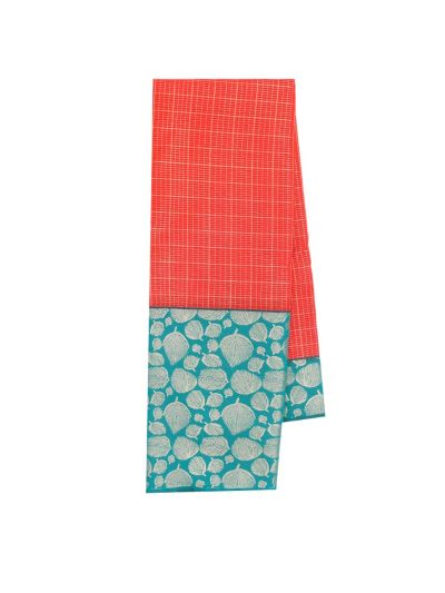 GraceCharm Art Silk Coral Red Checked with Floral Brocade Pallu Saree