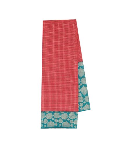 GraceCharm Art Silk Coral Red Fine Checks with Teal Leaf Border Saree