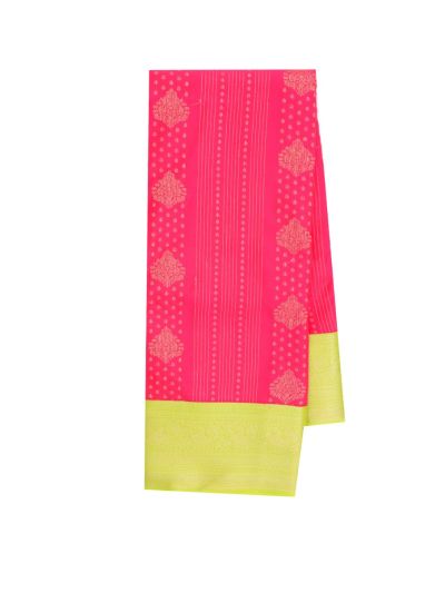 GraceCharm Art Silk Rani Pink Striped Butta with Lime Green Contrast Pallu Saree