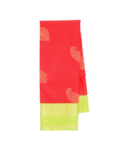 GraceCharm Art Silk Coral Red Paisley Zari Butta Lime Green Border Saree