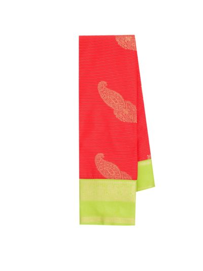 GraceCharm Art Silk Coral Red Mango Paisley Butta with Contrast Border Saree