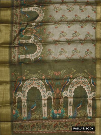 BlossomEase Art Tussar Peacock Arch Floral Design with Border Saree