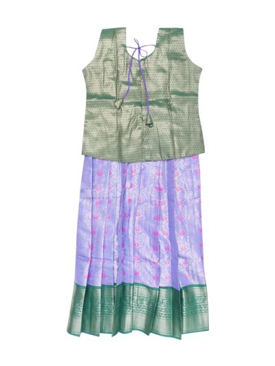 Charming Girls Sage Green Readymade Art Silk Pattu Pavadai Set