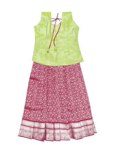 Charming Girls Lime Green Readymade Art Silk Pattu Pavadai Set