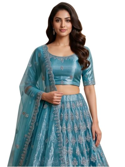 Graceful Essence Twill Net Floral Butta Embroidered Semi-Stitched Lehenga Choli