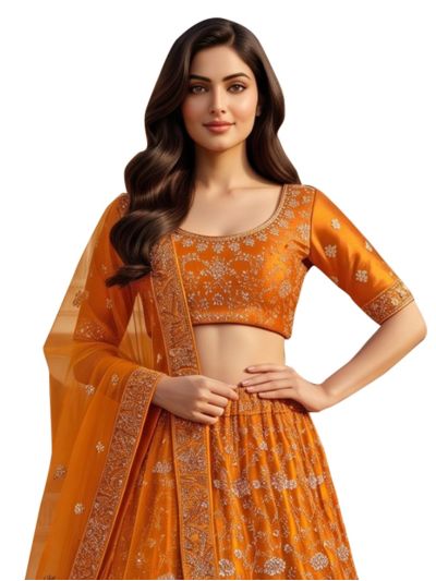 Graceful Essence Net Floral Vine Embroidered Semi-Stitched Lehenga Choli