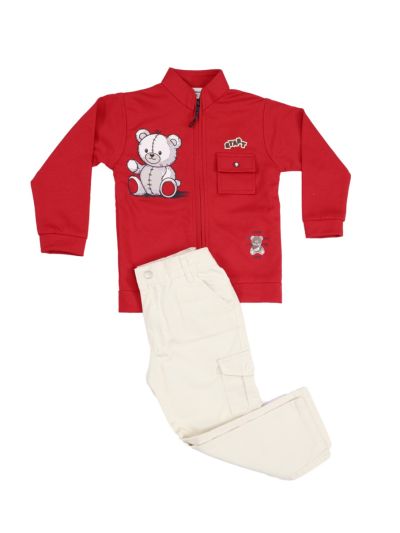 Gracecharm Boys Bear Jacket with Sleeveless T-Shirt and Cargo Pant Set