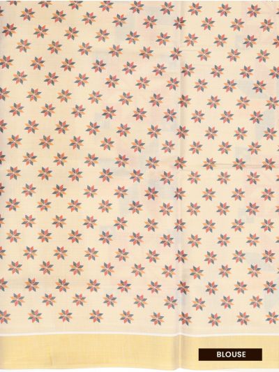 Kerala Cotton Geometric Floral Leaf Motif with Star Floral Pallu Saree