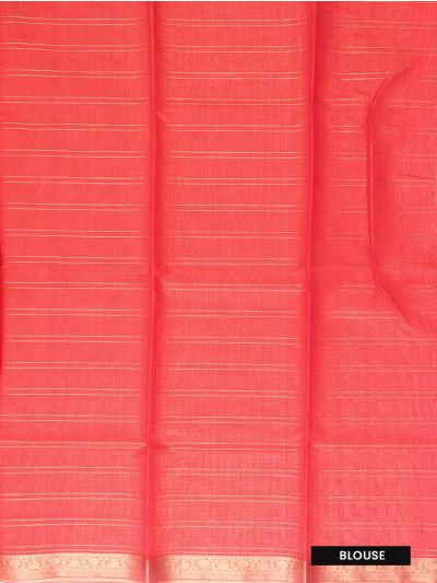 kora Silk Cotton Coral Checks Leaf Butta with Zari Jaal Pallu Saree   