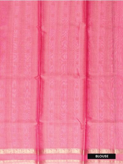 kora Silk Cotton Rani Pink Paisley Floral Butta Striped Pallu Saree  