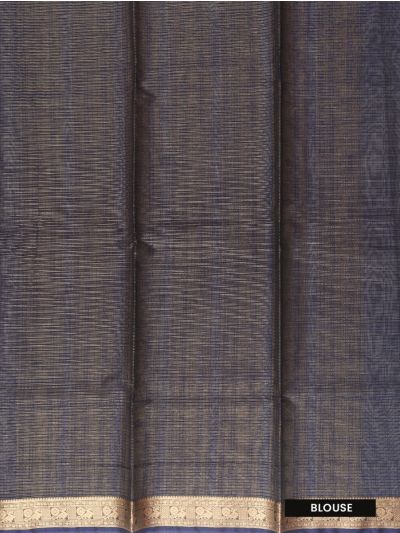 kora Silk Cotton Navy Pinstripe Butta Paisley Band Pallu Saree  