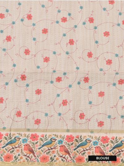 Gracecharm Semi Linen Micro Dotted Stripe with Bird Floral Pallu Saree