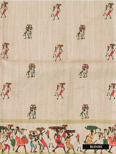 Gracecharm Semi Linen Warli Butta with Tribal Procession Pallu Saree