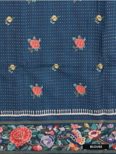 Gracecharm Semi Linen Stripe with Bird Floral Geometric Pallu Saree