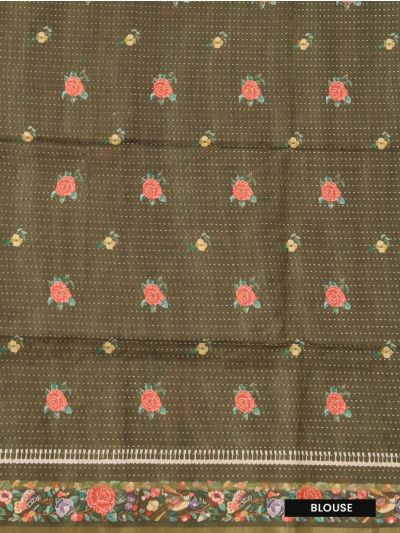 Gracecharm Semi Linen Stripe with Bird Floral Geometric Pallu Saree