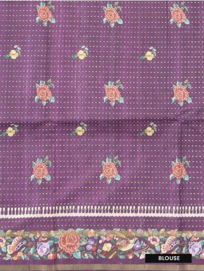 Gracecharm Semi Linen Dotted Stripe with Bird Floral Geometric Pallu Saree
