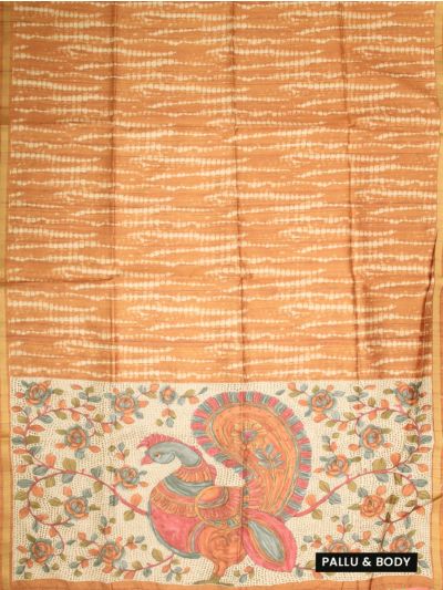 Gracecharm Semi Tussar Shibori Stripe with Peacock Floral Pallu Saree
