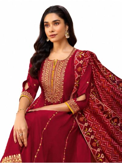 Graceful Muse Readymade Crimson Gold Embroidered Bandhani Salwar Kameez