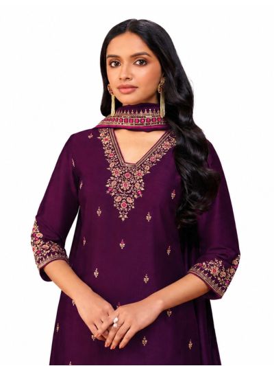 Graceful Muse Readymade Aubergine Floral V-Neck Embroidered Salwar Kameez