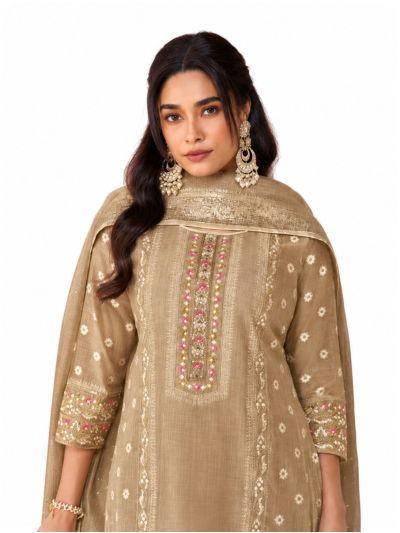 Graceful Muse Readymade Taupe Floral Butta Yoke Embroidered Salwar Kameez
