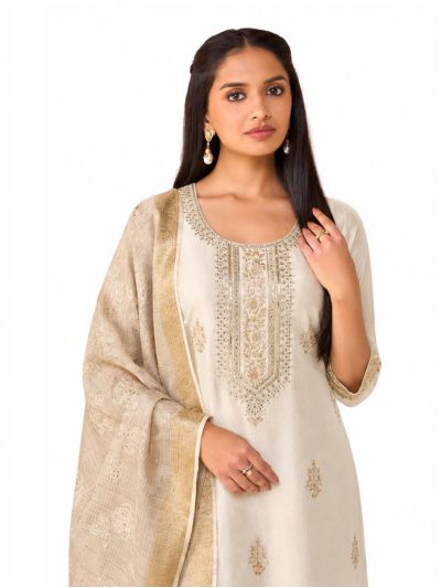 Graceful Muse Readymade Ivory Floral Butta Ornate Yoke Embroidered Salwar Kameez