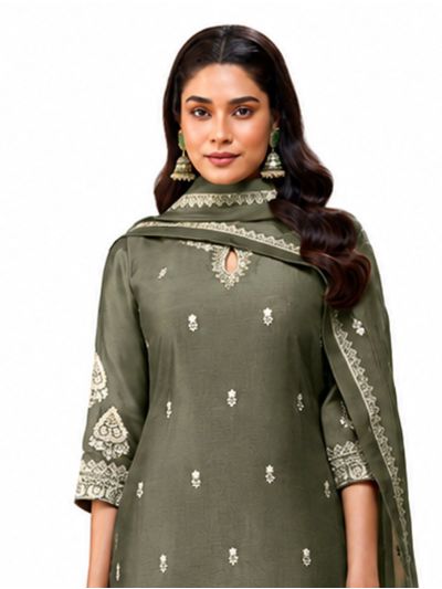 Graceful Muse Readymade Olive Ornamental Butta Embroidered Salwar Kameez