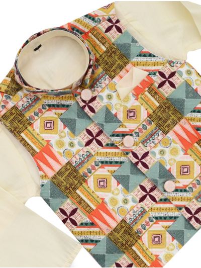EliteCharm Boys Premium Ivory Geometric Print Nehru Readymade Sherwani Set