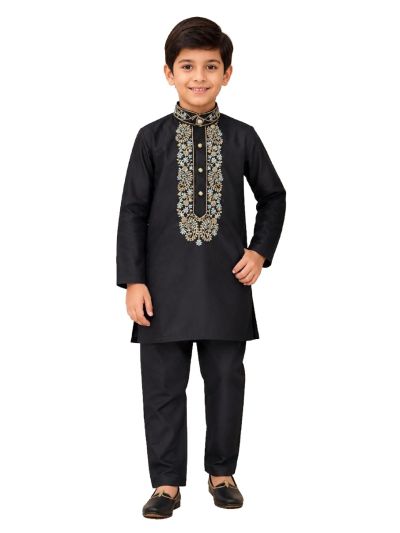 EliteCharm Boys Premium Black Paisley Yoke Embroidered Readymade Sherwani Set
