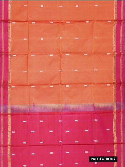 Kanmanie Vazhainaar Pattu Peach Orange Rani Pink Silver Butta Saree