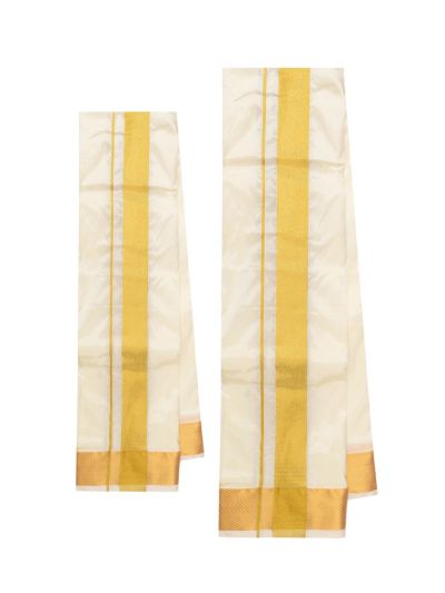 Men’s Traditional Art Silk Broad Golden Off White  Kasavu Border Dhoti 