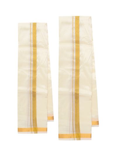 Men’s Traditional Off White Art Silk  Broad Golden Kasavu Border Dhoti