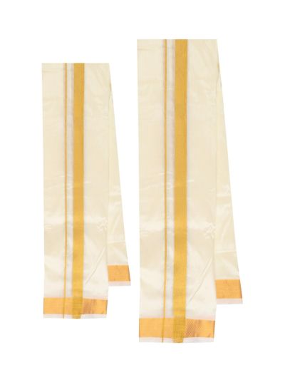 Men’s Traditional Art Silk  Broad Golden Kasavu Border Off White Dhoti