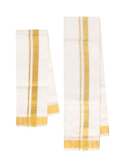 Men's Traditional Off White Pure Silk  Dhoti, Shirt and Angavastram Set 