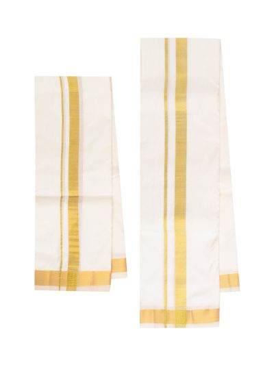 Men's Traditional Off White Pure Silk  Dhoti, Shirt and Angavastram  Set 