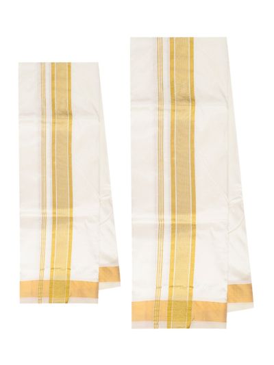 Men’s Traditional Pure Silk Dhoti and Angavastram Off White