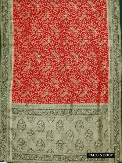 Gracecharm Raw Silk Peacock Floral Jaal with Brocade Pallu Saree