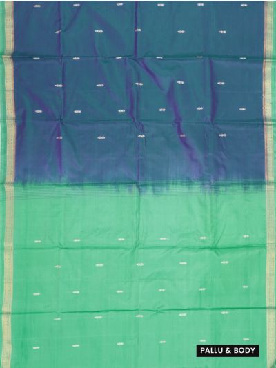 Kanmanie Vazhainaar Pattu Teal Blue Silver Butta Green Pallu Saree