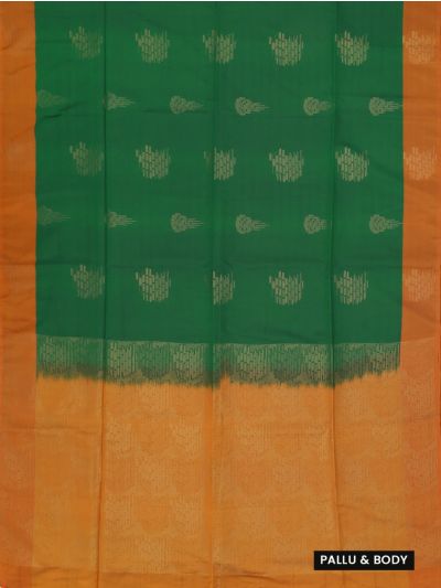 Kanmanie Softy Silk Bottle Green Geometric Butta Orange Pallu Saree