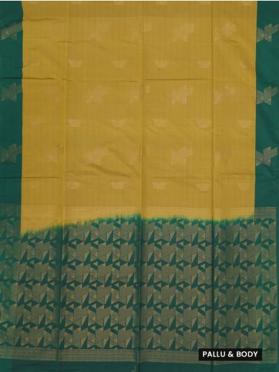 Kanmanie Softy Silk Mustard Geometric Butta Green Pallu Saree