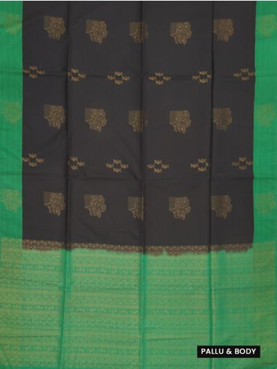 Kanmanie Softy Silk Black Floral Butta Green Pallu Saree