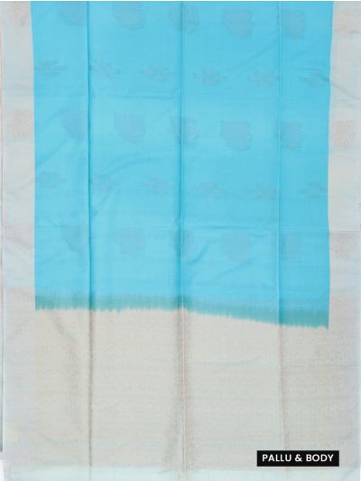 Kanmanie Softy Silk Aqua Blue Floral Butta Silver Pallu Saree