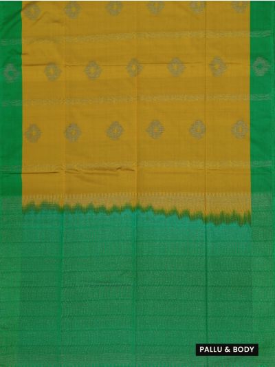 Kanmanie Softy Silk Mustard Gold Diamond Butta Green Pallu Saree