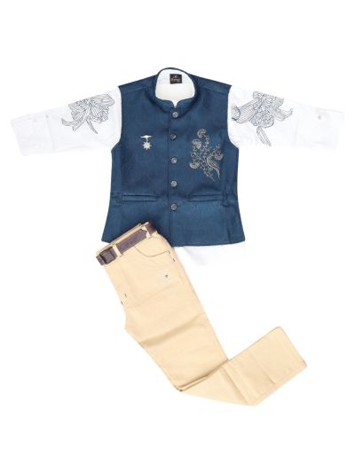 Gracecharm Boys Floral Embellished Nehru Waistcoat Shirt and Pant 3 Piece Set