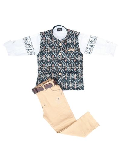 Gracecharm Boys Floral Trellis Nehru Waistcoat Shirt and Pant 3 Piece Set
