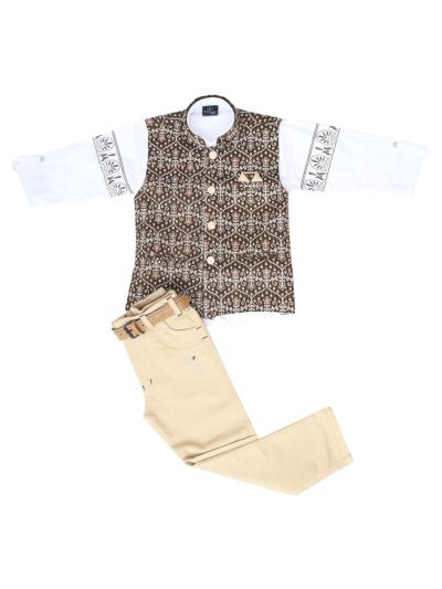 Gracecharm Boys Floral Trellis Nehru Waistcoat Shirt and Pant 3 Piece Set