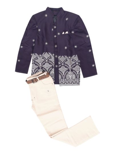 Gracecharm Boys Floral Border Embroidered Blazer Jacket 3 Piece Set