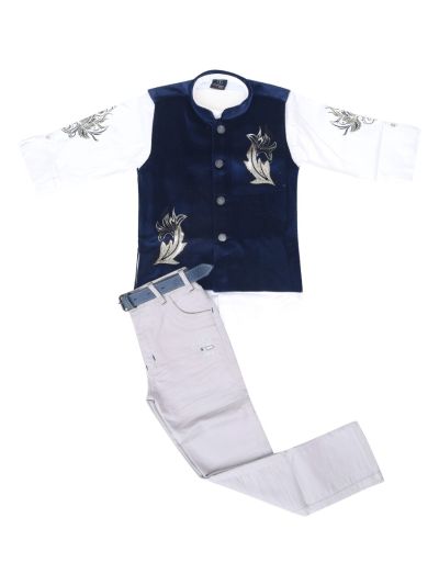 Gracecharm Boys Floral Leaf Motif Nehru Waistcoat 3 Piece Set