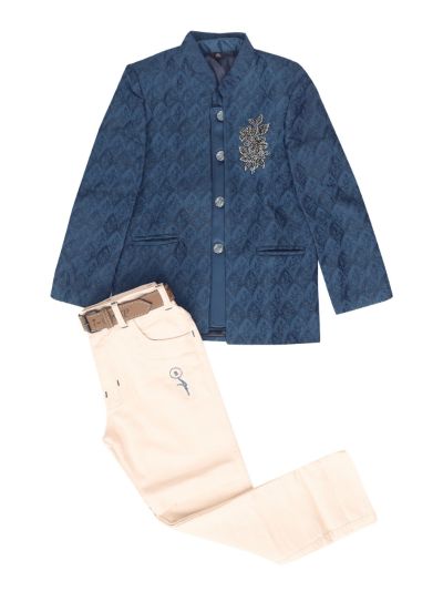 Gracecharm Boys Tonal Leaf Pattern Blazer Jacket 3 Piece Set